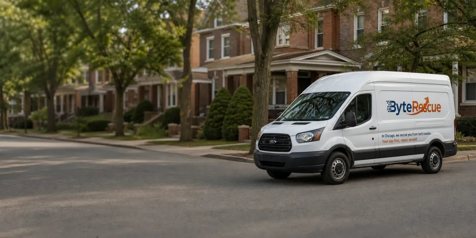 ByteRescue service van ready for dispatch on a Chicago neighborhood street